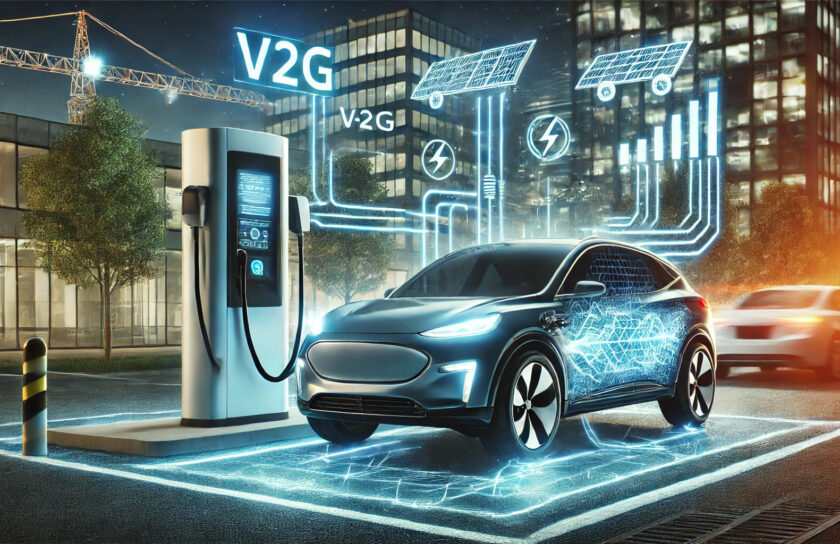 Ein Elektroauto an einer Ladestation, das Energie ins Stromnetz einspeist